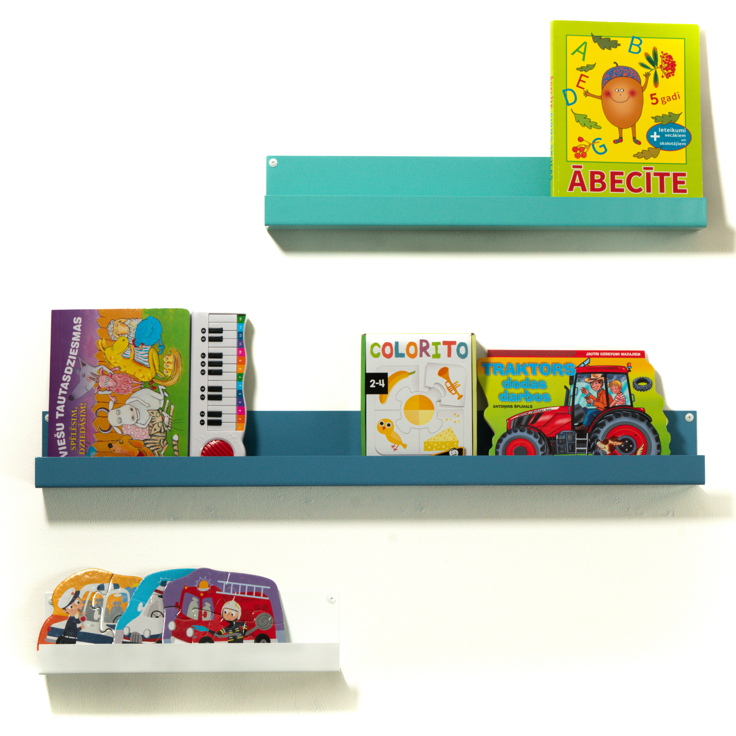 Different sizes of children's wall mounted bookshelves in turquoise, blue and white colors with white mounting screws